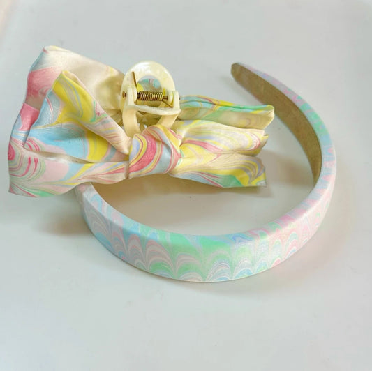 On-the-run Princess Hair Clip + Silk Headband——Handmade Marbling